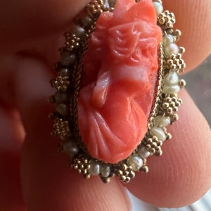 Antique Coral Cameo Goddess Pendant Gold Wash over Silver Setting, c 1920s image 2