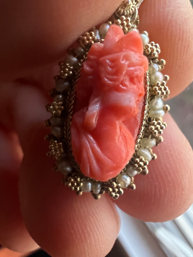 Antique Coral Cameo Goddess Pendant Gold Wash over Silver Setting, c 1920s image 2