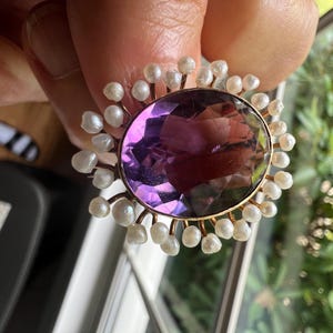 Antique Art Deco Amethyst Natural Pearl 14 k Starburst Design Brooch