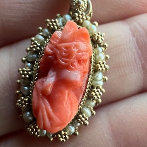 Antique Coral Cameo Goddess Pendant Gold Wash over Silver Setting, c 1920s image 10