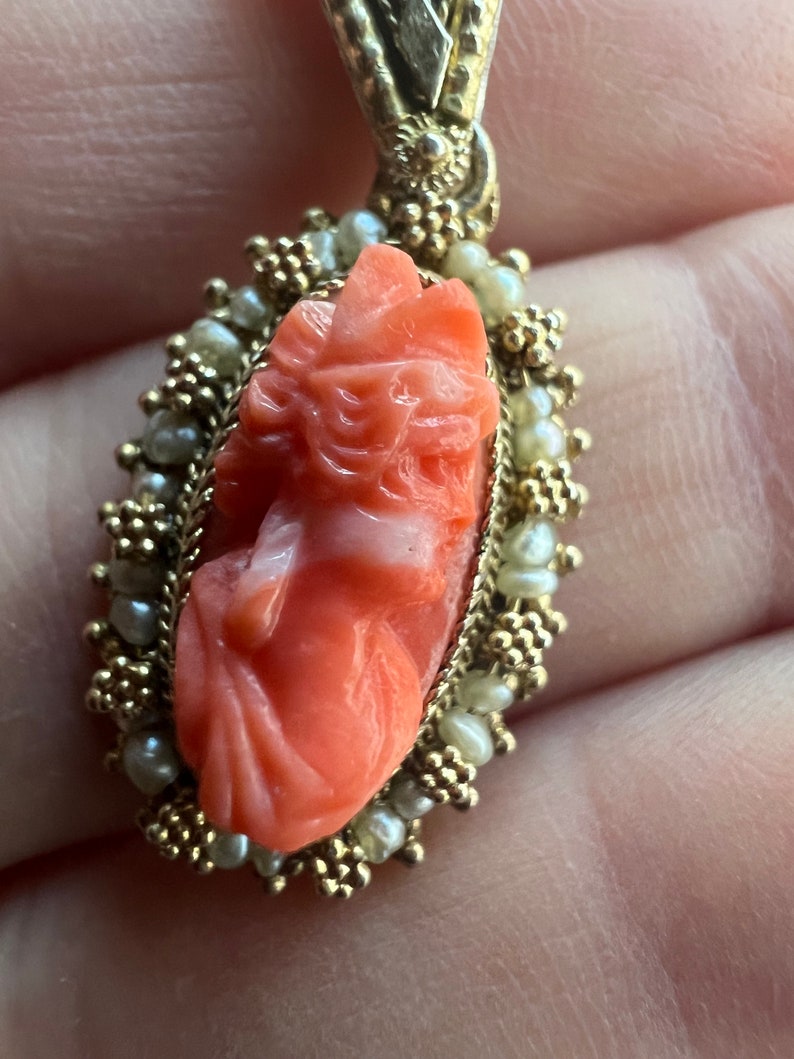 Antique Coral Cameo Goddess Pendant Gold Wash over Silver Setting, c 1920s image 10