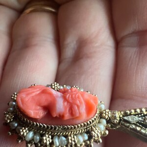 Antique Coral Cameo Goddess Pendant Gold Wash over Silver Setting, c 1920s image 3