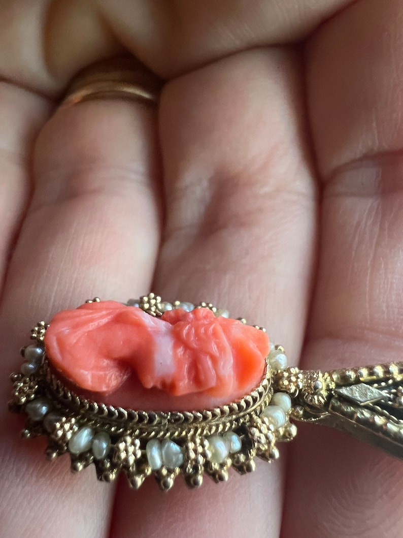 Antique Coral Cameo Goddess Pendant Gold Wash over Silver Setting, c 1920s image 3