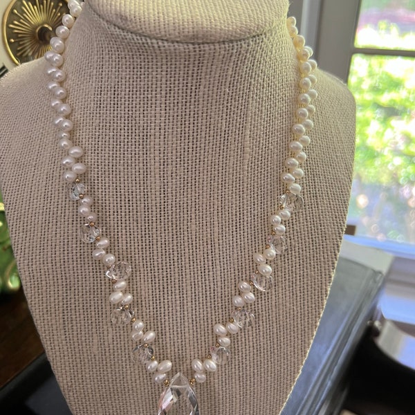 Beautiful Vintage Ross Simons Quartz and Pearl Pendant Necklace 14k Lobster Closure, c 2000