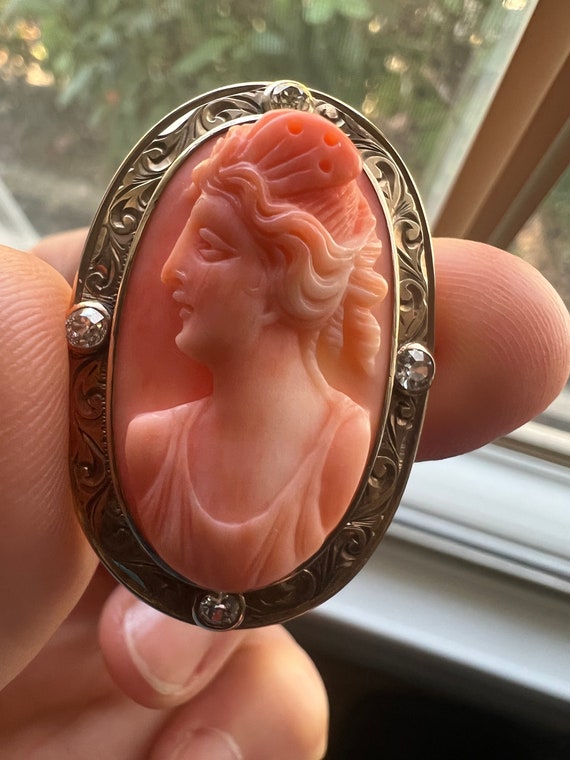 Antique Edwardian Carved Coral Cameo High Relief … - image 1