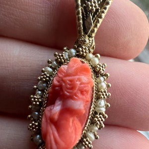 Antique Coral Cameo Goddess Pendant Gold Wash over Silver Setting, c 1920s image 5