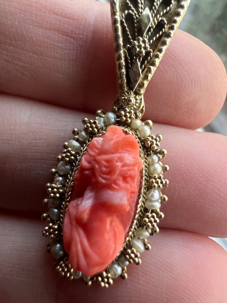 Antique Coral Cameo Goddess Pendant Gold Wash over Silver Setting, c 1920s image 5