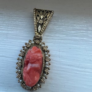 Antique Coral Cameo Goddess Pendant Gold Wash over Silver Setting, c 1920s image 9