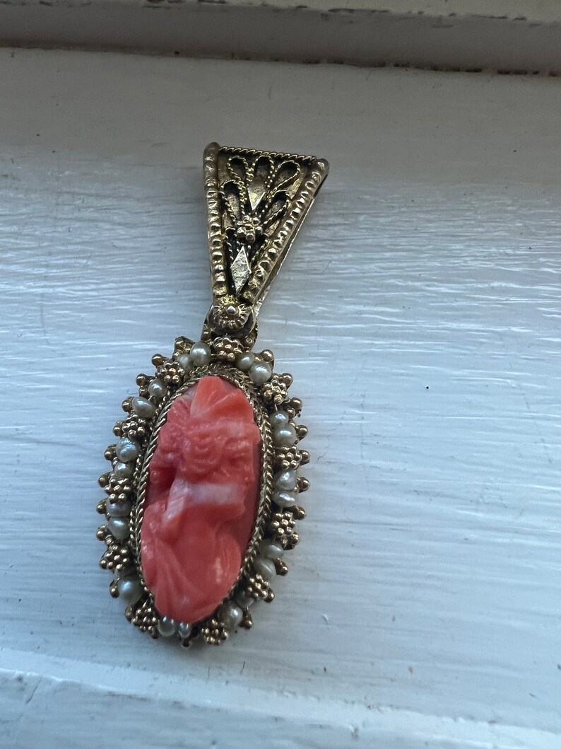 Antique Coral Cameo Goddess Pendant Gold Wash over Silver Setting, c 1920s image 9