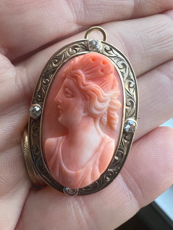 Antique Edwardian Carved Coral Cameo High Relief … - image 5