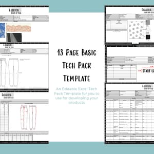 May include: A 13-page basic tech pack template for developing products. The template includes sections for garment details, measurements, materials, and sketches. The text "START UP TECH" is visible on the template.