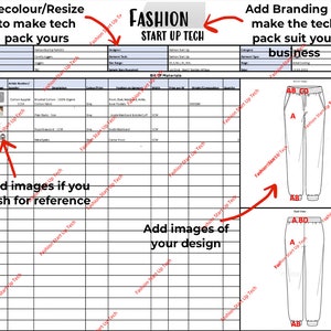 May include: A black and white technical drawing of sweatpants with a drawstring waistband and cuffed legs. The drawing includes labels for the front, back, and side views of the sweatpants. The text "Fashion Start Up Tech" is visible in the background.