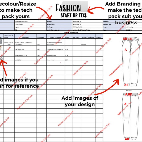 Bill Of Materials Template for Apparel Fashion & Clothing Brands - Start Up Business Tech Pack Template Sheets. Editable Excel Sheet