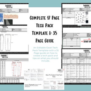May include: A 17-page tech pack template for fashion designers, with a 35-page guide on how to create a tech pack. The template is in Excel format and includes tips on what to include in a tech pack.