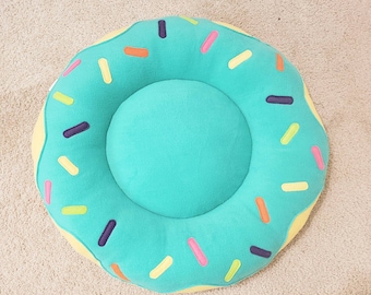 Emerald Blue Donut Pet Bed, Handmade Fleece Dog Bed