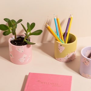 May include: Three colourful terrazzo planters, two with plants and one holding coloured pencils. The planter on the left has a jade plant, the middle planter has a yellow and pink terrazzo design and holds coloured pencils, and the planter on the right is lavender and has a terrazzo design. A pink journal with the text "The Wellness Journal" is in the foreground.