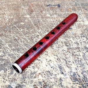 Può includere: Un flauto di legno con una macchia rossa e dettagli argentati. Il flauto ha sei fori per le dita e un bocchino.