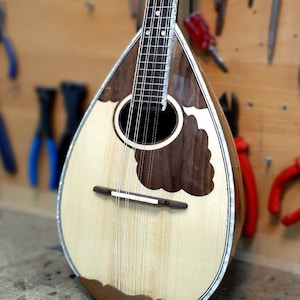May include: A wooden mandolin with a light-colored soundboard and a dark brown, decorative back. The instrument has a round sound hole and a fretboard with metal frets. Tools hang in the background.