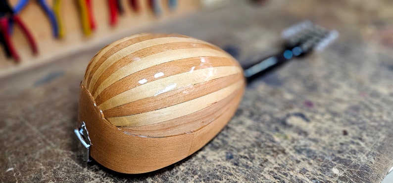 Pode incluir: Um instrumento musical de madeira com um corpo listrado e um pesco&ccedil;o preto. O instrumento est&aacute; sobre uma superf&iacute;cie de madeira.