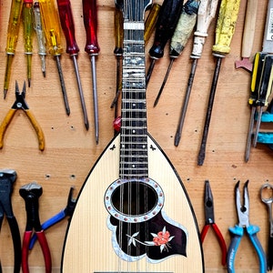 Pode incluir: Um bandolim de madeira com um desenho floral preto e branco na caixa de resson&acirc;ncia. O bandolim est&aacute; rodeado de v&aacute;rias ferramentas, incluindo chaves de fenda, alicates e pinc&eacute;is.