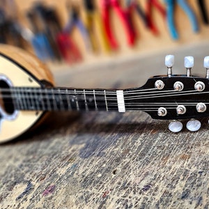 Pode incluir: Um bandolim de madeira com um corpo marrom claro e um bra&ccedil;o preto. O bandolim tem pinos de afina&ccedil;&atilde;o brancos e est&aacute; apoiado em uma superf&iacute;cie de madeira.