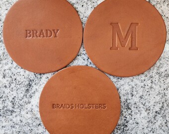 Set of 4 Leather personalized coaster, choose from initial, last name, business name, will be done in font in picture. Choose from 3 colors,