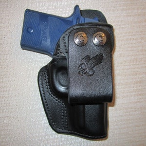 Fits Sig P938, IWB, double snap belt loop, right hand, leather holster