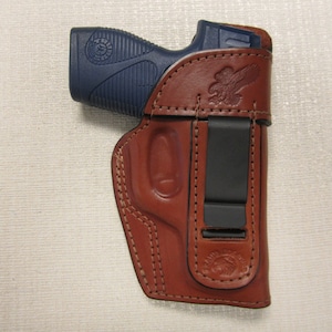 Taurus PT 709 slim, formed BROWN leather iwb holster, right hand with sweat shield