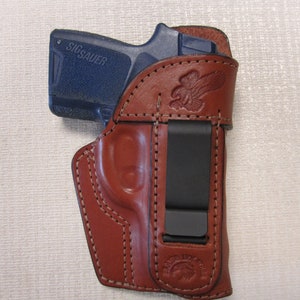 SIG SAUER P290, IWB, right hand formed Brown leather holster with sweat shield