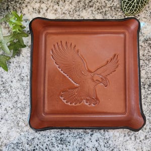 Handmade: genuine leather Valet tray,  with eagle embossed in leather, 9 oz leather, valet tray, catchall tray, made by Braids Holsters