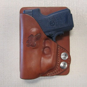 Kahr P380 with Crimson Trace laser Brown leather wallet & pocket holster right H