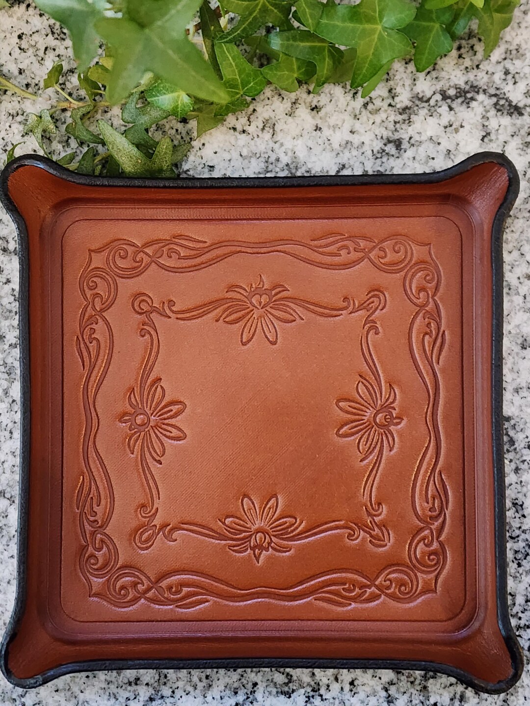 The Royal Standard Fleur De Lis Leather Embossed Valet Tray Dark Brown 8x8 main image 0