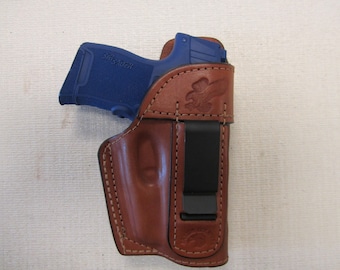 SIG SAUER P365 with Lima laser IWB, right hand formed Brown leather holster with sweat shield