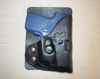Kahr P380 con láser Crimson Trace de cuero para zurdos, billetera y funda de bolsillo