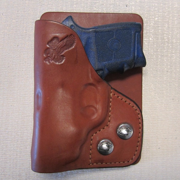 Smith & Wesson Bodyguard 380 y láser de fábrica M & P 380, funda de cuero MARRÓN para mano derecha, billetera y bolsillo