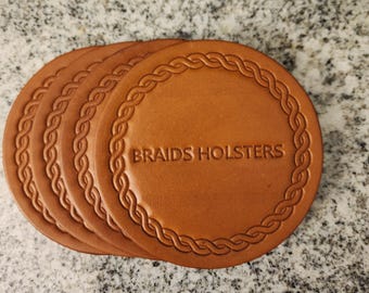 Set of 4 Leather personalized coaster, inset up to 22 characters, it will be done in font in picture. Choose from 3 colors,