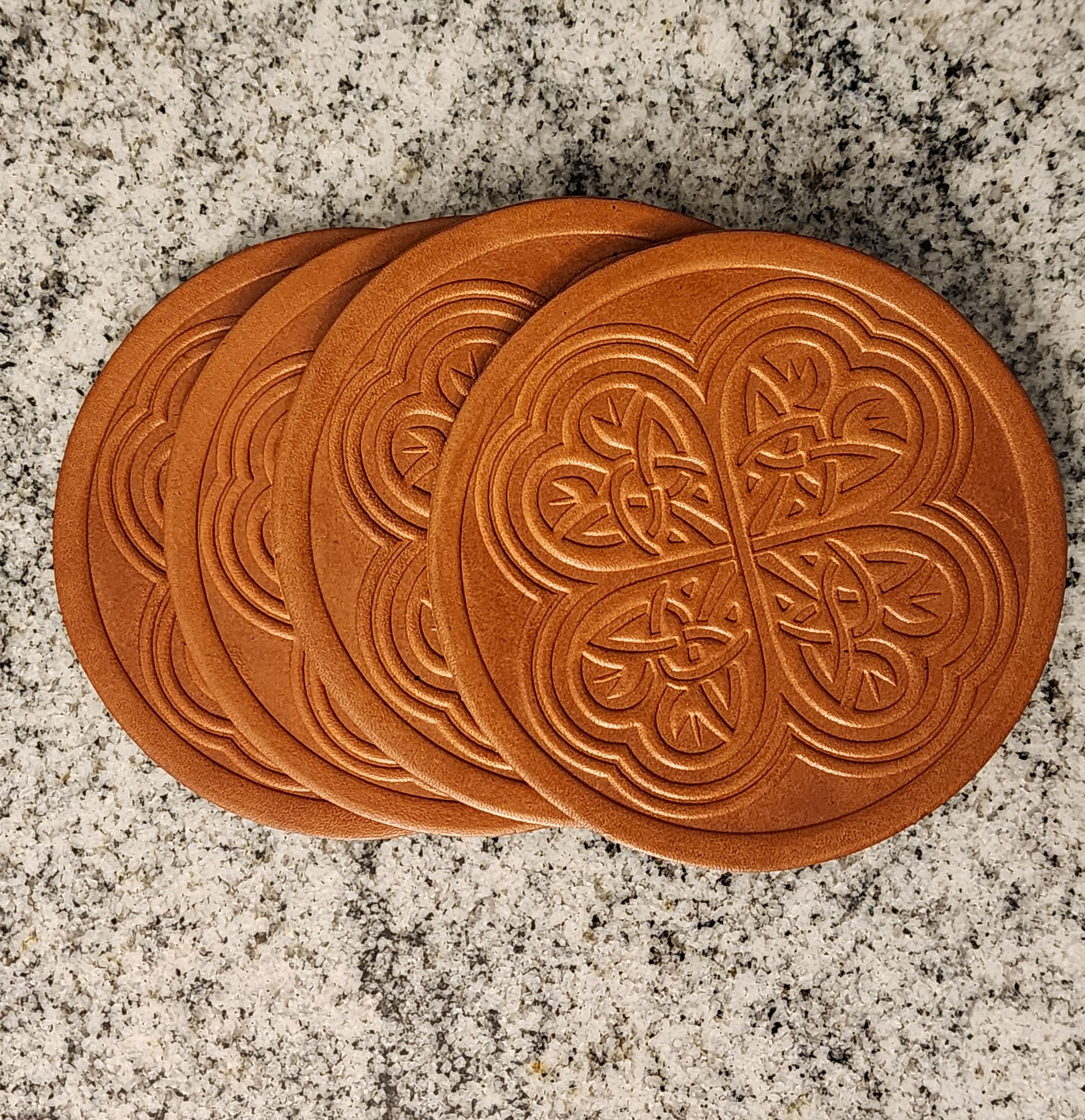 Handcrafted Leather Coasters with Celtic Clover Design, Set of 4, choose color