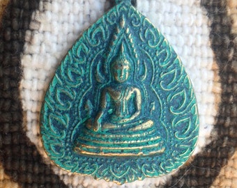 Green Patina Buddha Pendant from Thailand - 1 3/8 Inches - 32 mm