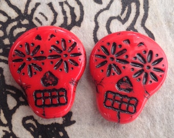 Sugar Skull Beads Czech Glass Flat Sugar Skulls 20 x 17 mm - Red with Black  -  4 Beads