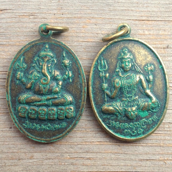 Shiva Ganesh Pendant with Green Patina - 1 1/4 Inch - 32 mm