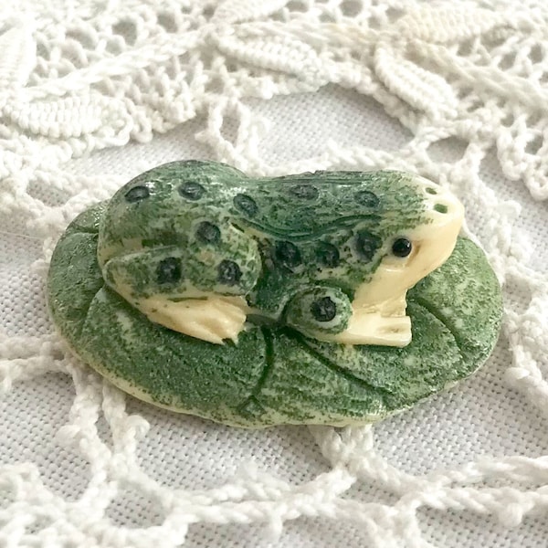 Bone Frog on Leaf - Bead/Pendant/Charm - Hand Carved and Painted - 1 1/8 Inch