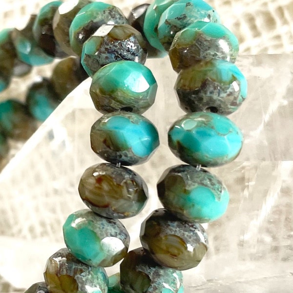 Czech Artisan 6x9mm Faceted Rondell Rondelle Beads--Opaque Green Turquoise and Topaz Rootbeer with Picasso Finish--25 Beads