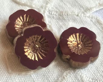 Czech Artisan 14 mm Flat Flower Hibiscus Plumeria Table Cut Beads - Deep Burgandy Maroon  Red with Gold- 10 Beads