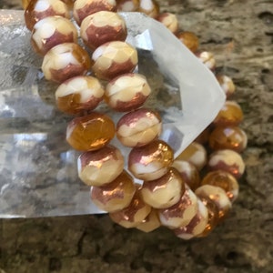 Czech Artisan 6x9mm Faceted Rondelle Two Tone Glass - Transparent Topaz Butterscotch and Cream/Ivory/Bone with Copper Edges--25 Beads