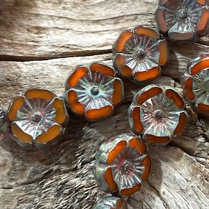 12mm Flat Flower Hibiscus Plumeria Table Cut Czech Artisan Glass Beads - Rust Orange Opal with Picasso - 12 Beads