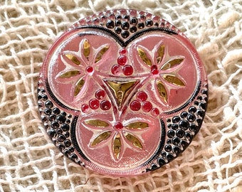 Czech Glass Button - Pink with Gold, Black and White - 32mm - 1 1/4 Inch - Hand Painted