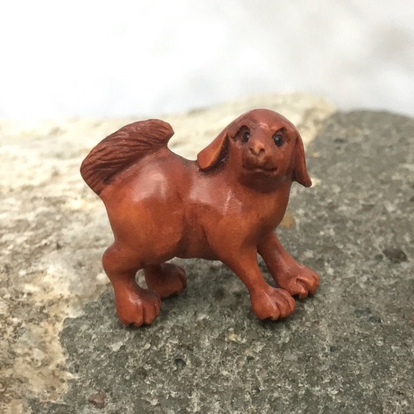 Adorable Dog Carved Boxwood Ojime Bead - 1 Inch - 27 mm - One Bead