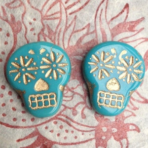 Czech Glass Flat Sugar Skull Beads - 20 mm - Turquoise with Gold -  4 Beads