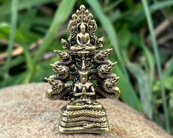 Small Naga Sitting Buddha Statue Brass Figurine from Thailand - 1 1/2 Inch - 38mm