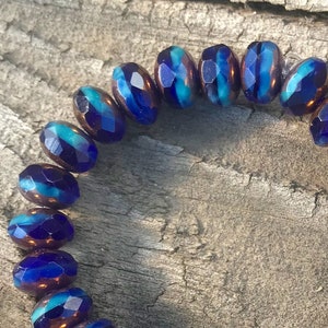 Czech Artisan 6x9mm Faceted Rondell Rondelle Beads--Cobalt and Sky Blue with Bronze - 25 Beads